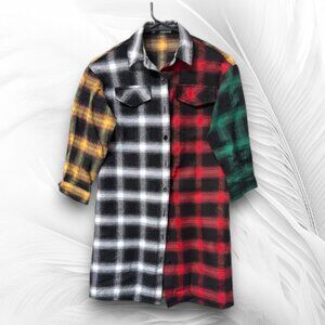 SHEIN Plaid Patchwork Shirt Dress Multicolor Oversized Button Down